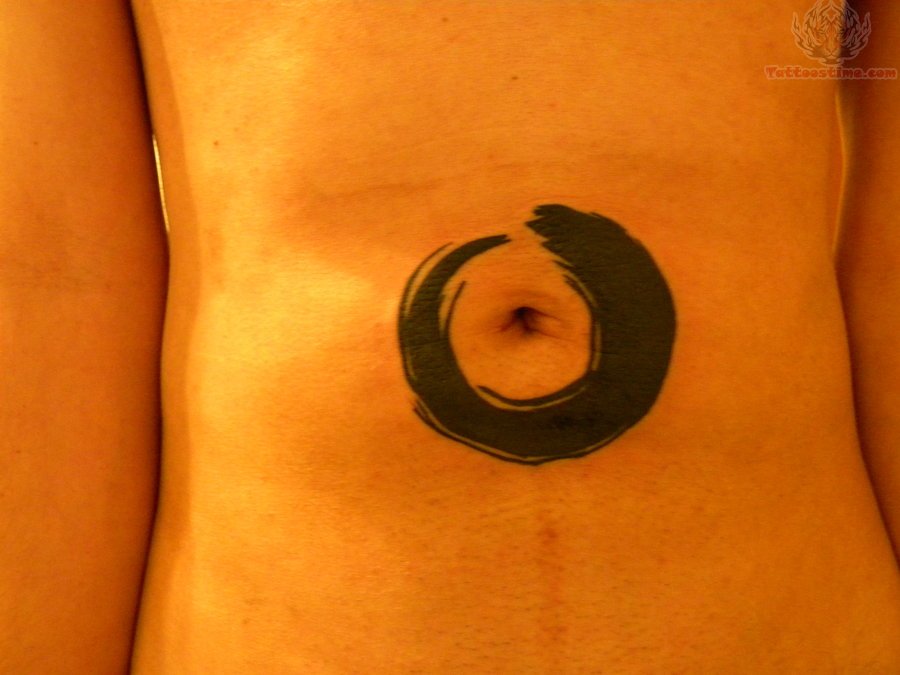 Black Zen Enso Circle Tattoo On Belly Button