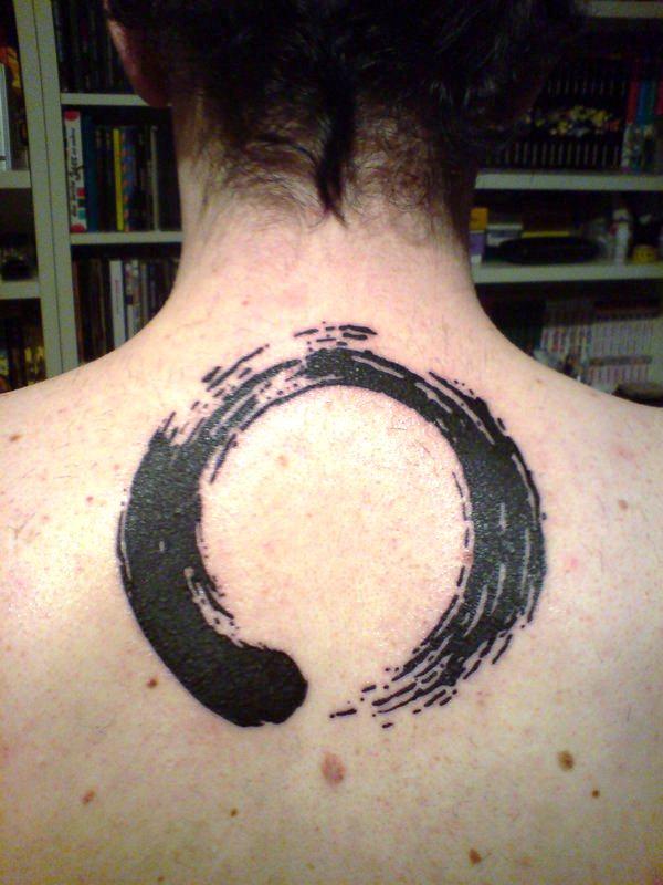Black Zen Enso Circle Tattoo On Upper Back