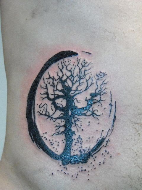 Black Zen Tree Tattoo On Man Side Rib
