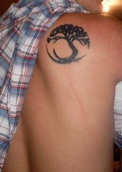 Black Zen Tree Tattoo On Right Back Shoulder