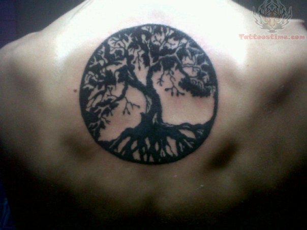 Black Zen Tree Tattoo On Upper Back