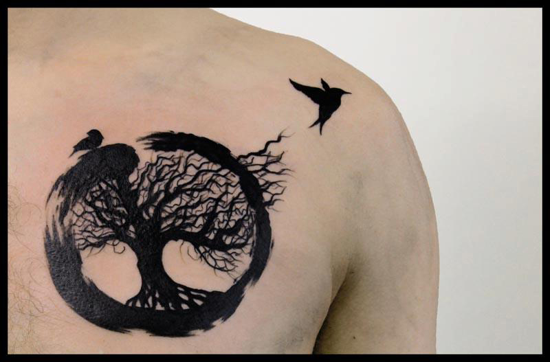 Black Zen Tree With Flying Birds Tattoo On Left Front Shoulder