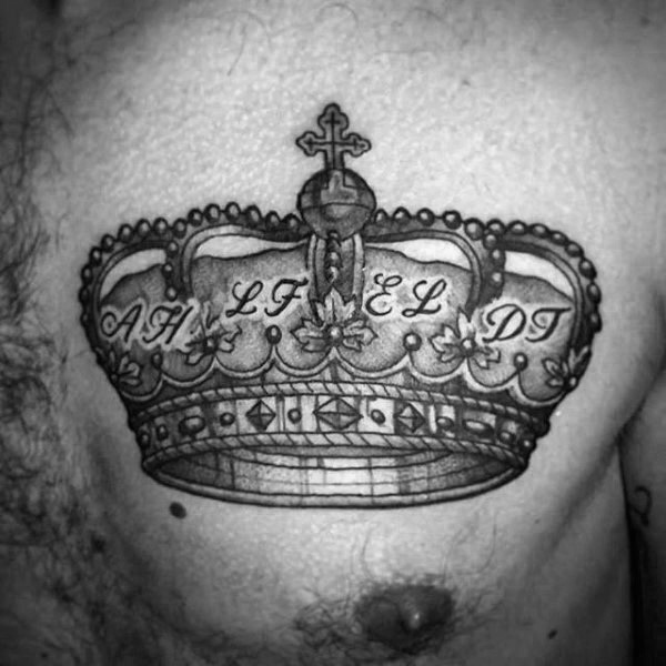 Black and Grey Crown Tattoo On Man Chest