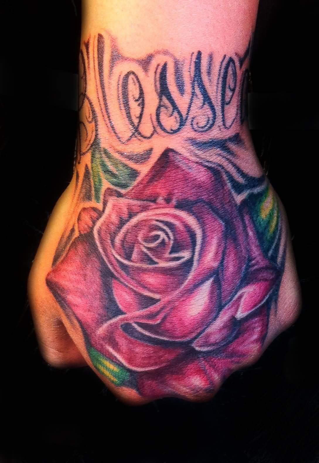 Blessed Red Rose Tattoo On Hand For Women
