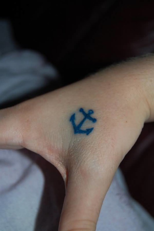 Blue Anchor Tattoo On Side Hand For Women