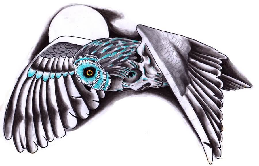 Blue And Grey Flying Owl Tattoo Design