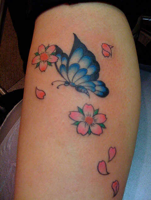 Blue Butterfly And Cherry Blossom Tattoo