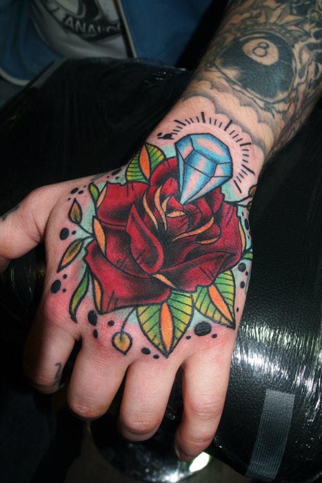 Blue Diamond And Red Rose Tattoo On Left Hand