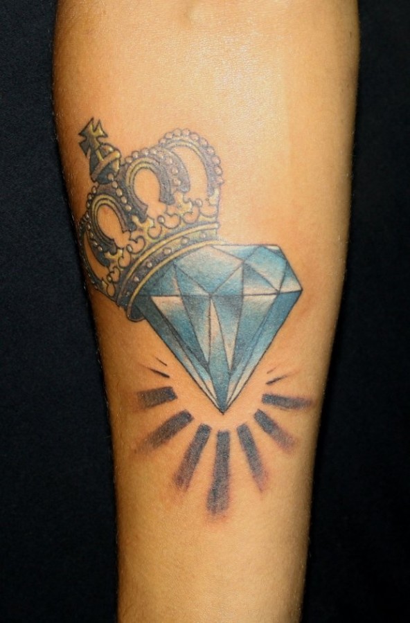 Blue Diamond With Crown Tattoo On Arm Sleeve