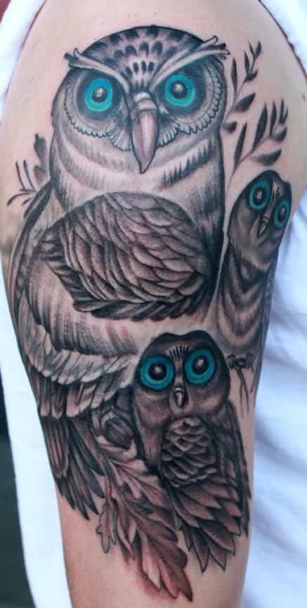 Blue Eyes Owl Family Tattoo On Right Half Sleeve