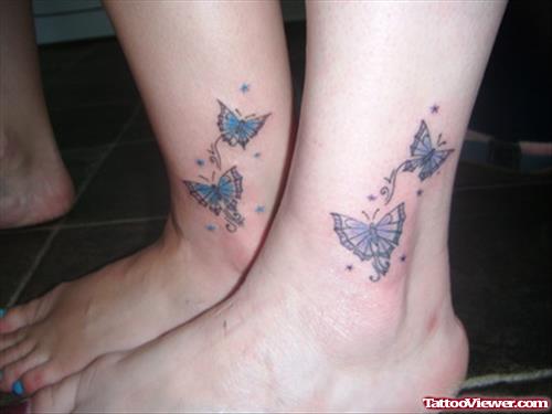 Blue Ink Butterflies Matching Tattoos On Ankles