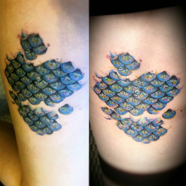 Blue Ink Mermaid Scale Tattoo Idea For Girls