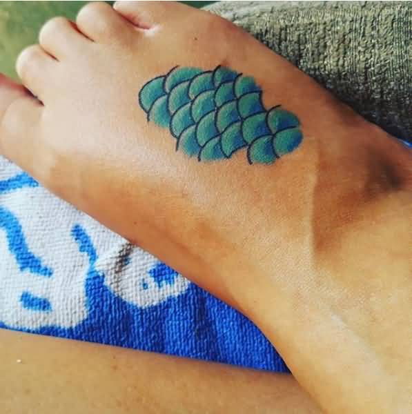 Blue Ink Mermaid Scale Tattoo On Right Foot