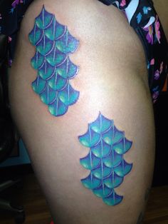 Blue Ink Mermaid Scale Tattoo On Side Thigh