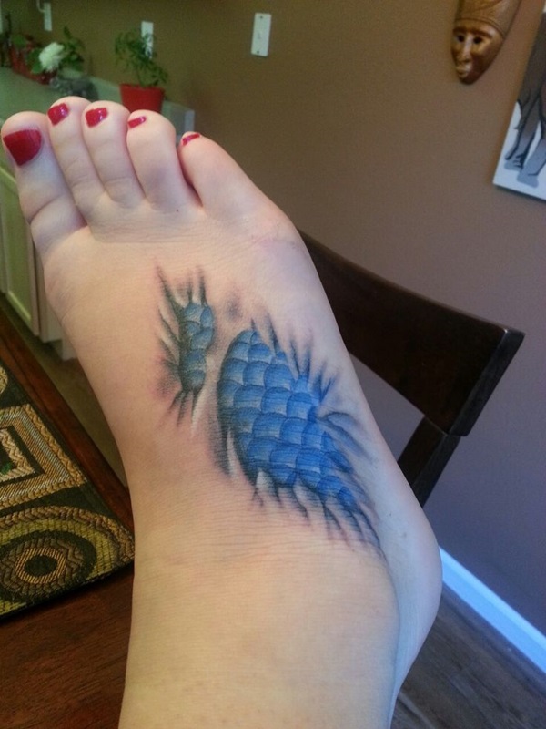 Blue Ink Mermaid Scale Tattoo on Girl Right Foot