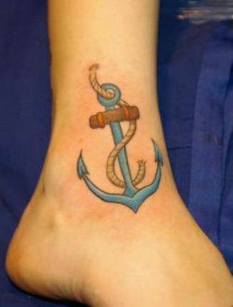 Blue Rope Anchor Tattoo On Ankle