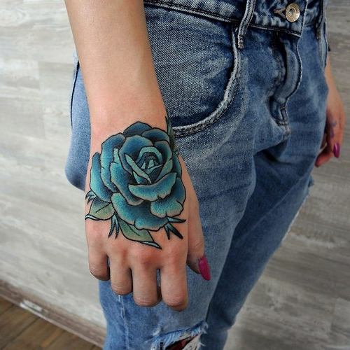 Blue Rose Tattoo On Girl Right Hand