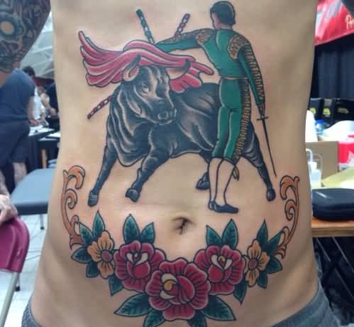Bull Facing Bull Fighter Traditional Tattoo On Front Body
