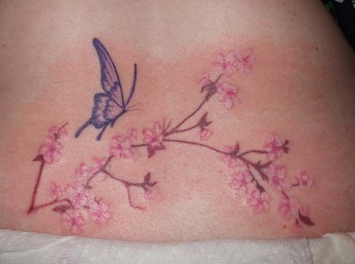 Butterfly And Cherry Blossom Tattoo On Waist