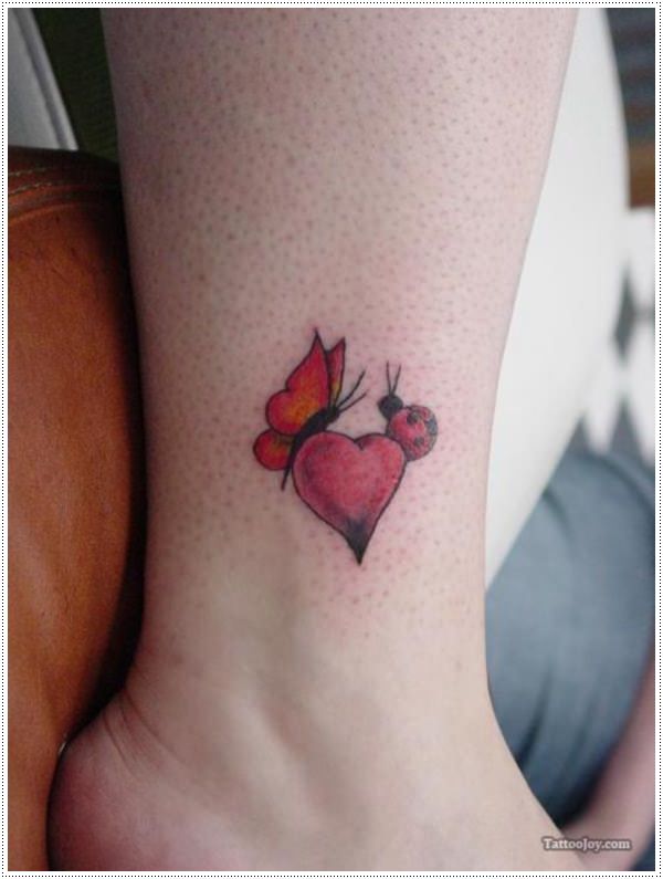 Butterfly And Red Heart Tattoo On Ankle