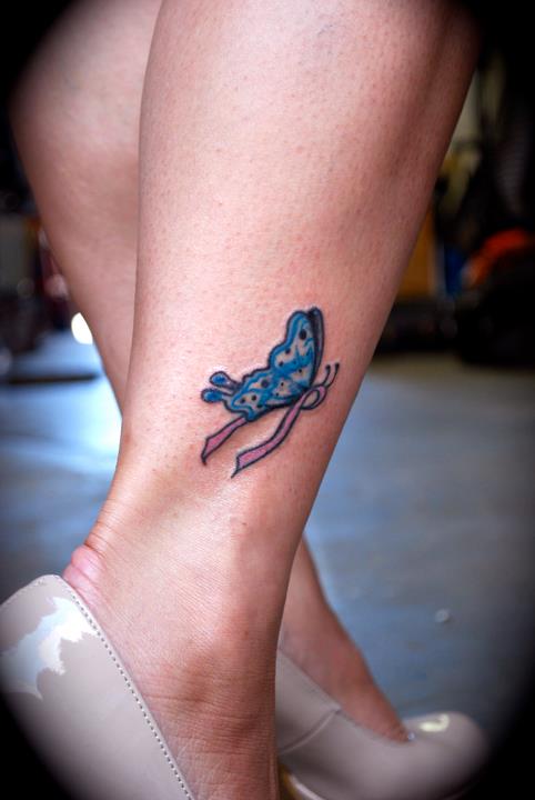 Cancer Ribbon Butterfly Tattoo On Ankle