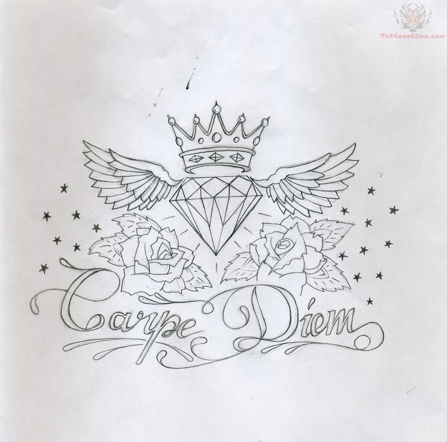 Carpe Diem With Winged Diamond And Crown Tattoo Design
