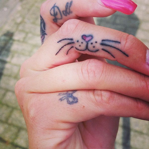 Cat Face Tattoo On Side Finger