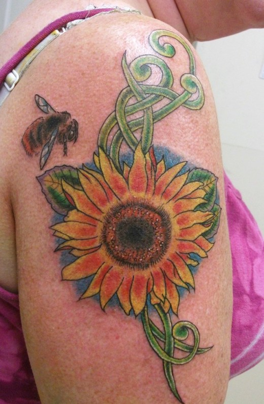 Celtic Realistic Sunflower Tattoo On Right Shoulder For Girls