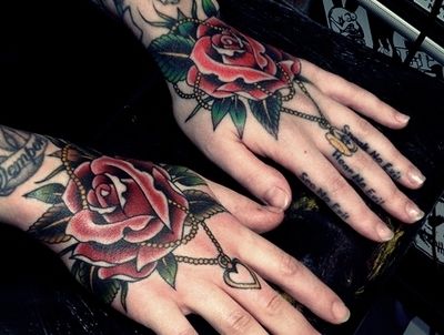 Chain Locket And Rose Tattoo On Both Hands