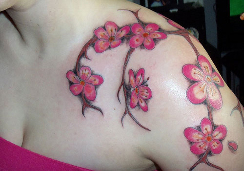 Cherry Blossom Flowers Tattoo On Left Shoulder