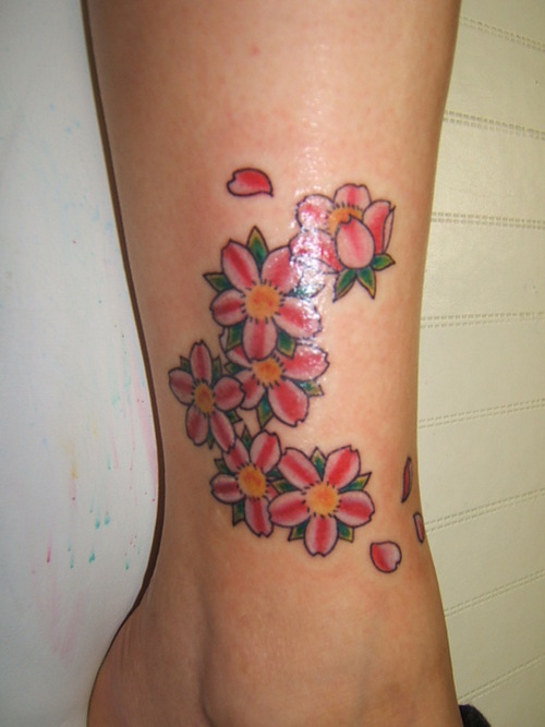 Cherry Blossom Flowers Tattoos On Ankle