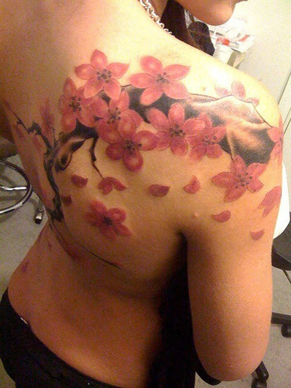 Cherry Blossom Tattoo On Back Shoulder Idea For Girls