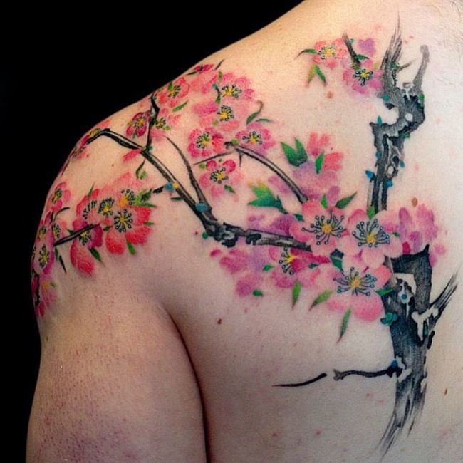 Cherry Blossom Tattoo On Back Shoulder