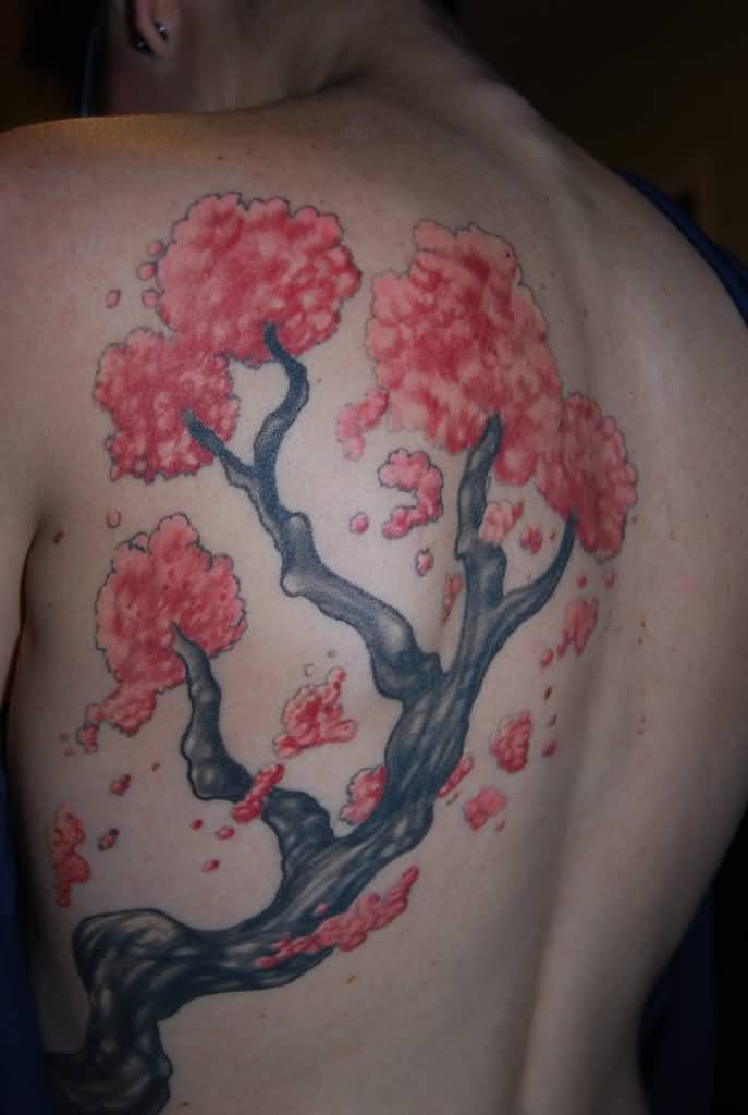 Cherry Blossom Tattoo On Girl Back Body