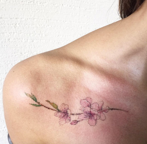 Cherry Blossom Tattoo On Girl Front Shoulder