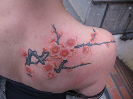 Cherry Blossom Tattoo On Girl Right Back Shoulder (2)