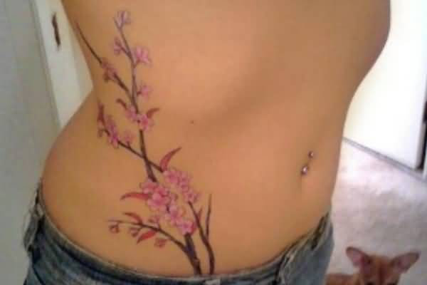 Cherry Blossom Tattoo On Girl Right Hip