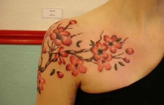 Cherry Blossom Tattoo On Girl Right Shoulder