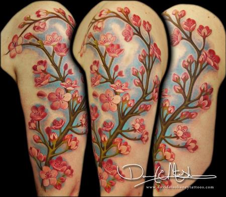Cherry Blossom Tattoo On Left Half Sleeve