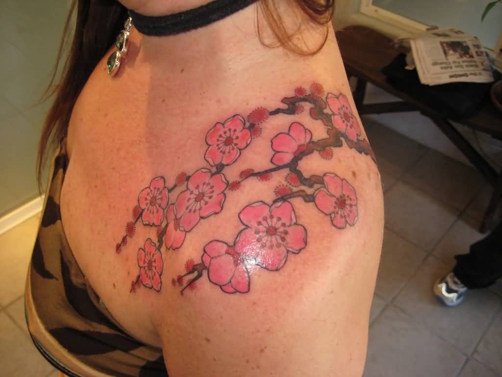 Cherry Blossom Tattoo On Left Shoulder For Girls
