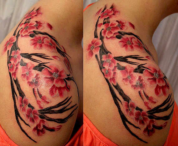 Cherry Blossom Tattoo On Right Shoulder