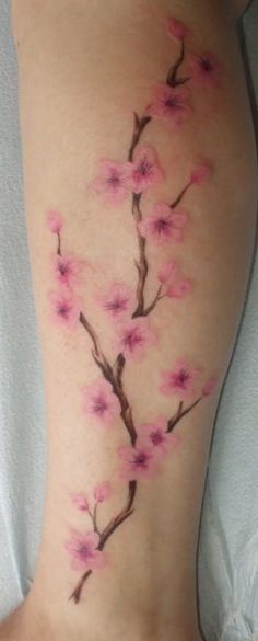 Cherry Blossom Tattoo On Side Leg For Girls