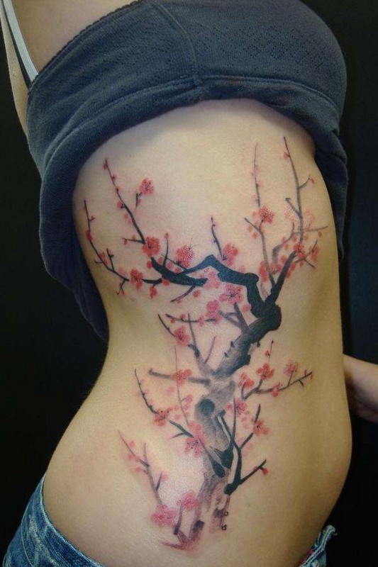 Cherry Blossom Tattoo On Side Rib For Girls