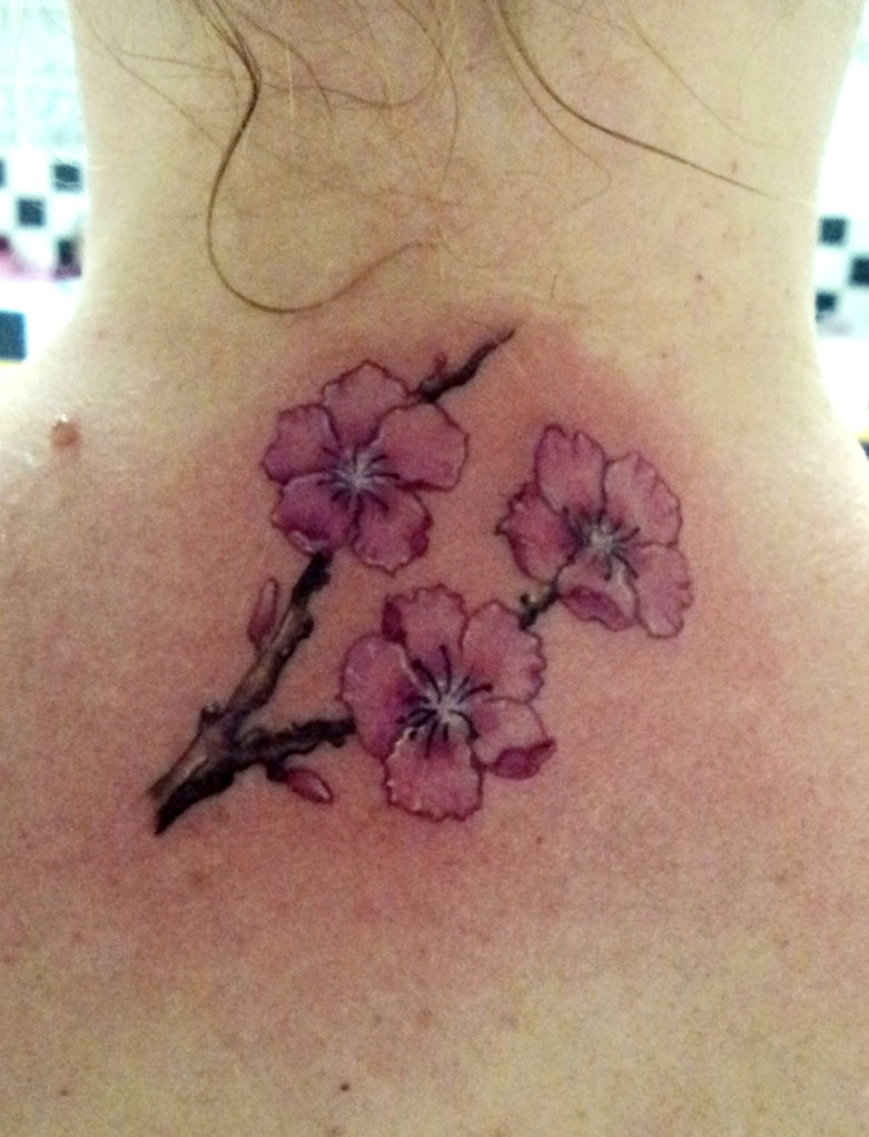 Cherry Blossom Tattoo On Upper Back For Girls