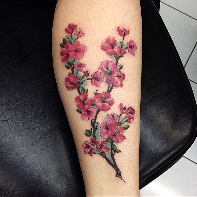 Cherry Blossom Tattoos On Side Leg