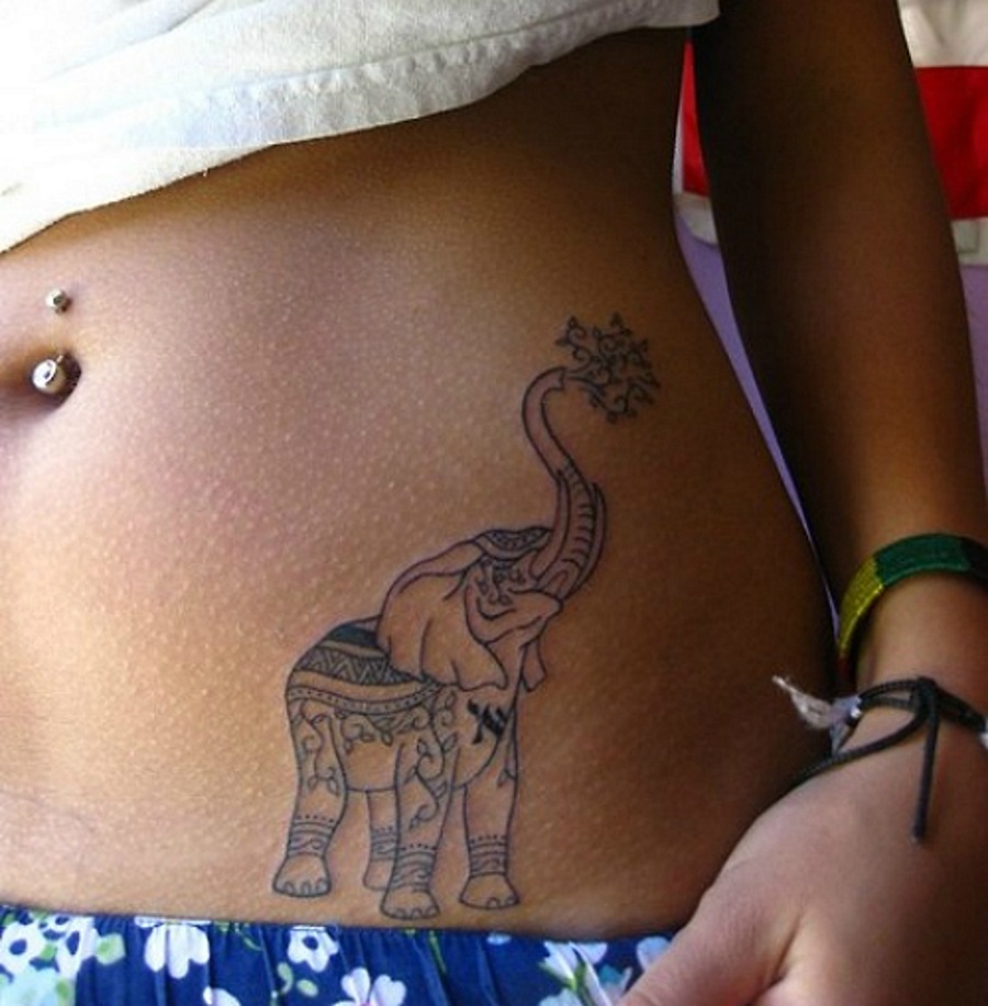 Chinese Elephant Trunk Up Tattoo On Girl Stomach