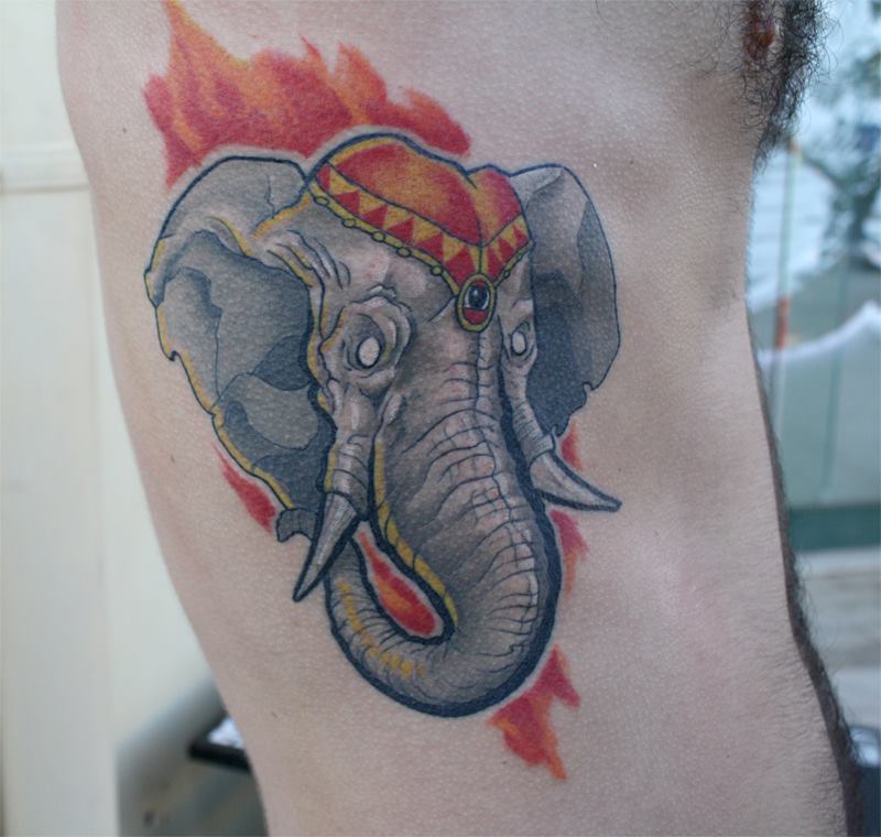 Circus Elephant Head Tattoo On Man Right Side Rib By Kirtatas