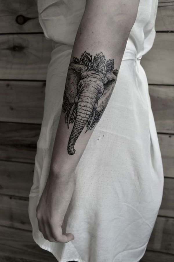 Classic Black Elephant Head Tattoo On Girl Left Arm