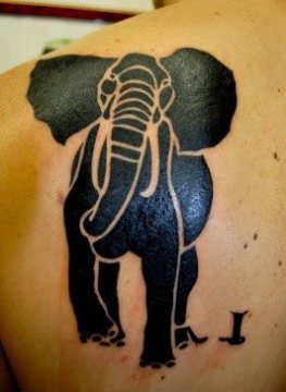 Classic Black Elephant Tattoo On Left Back Shoulder