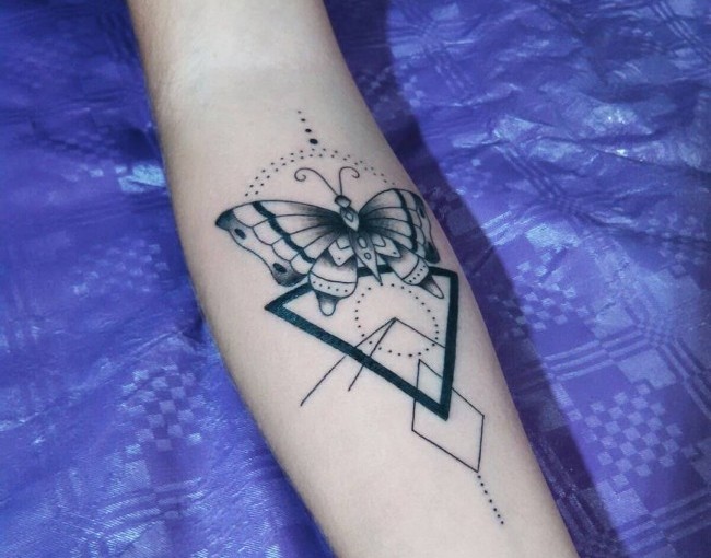 Classic Black Ink Triangle With Butterfly Tattoo On Forearm